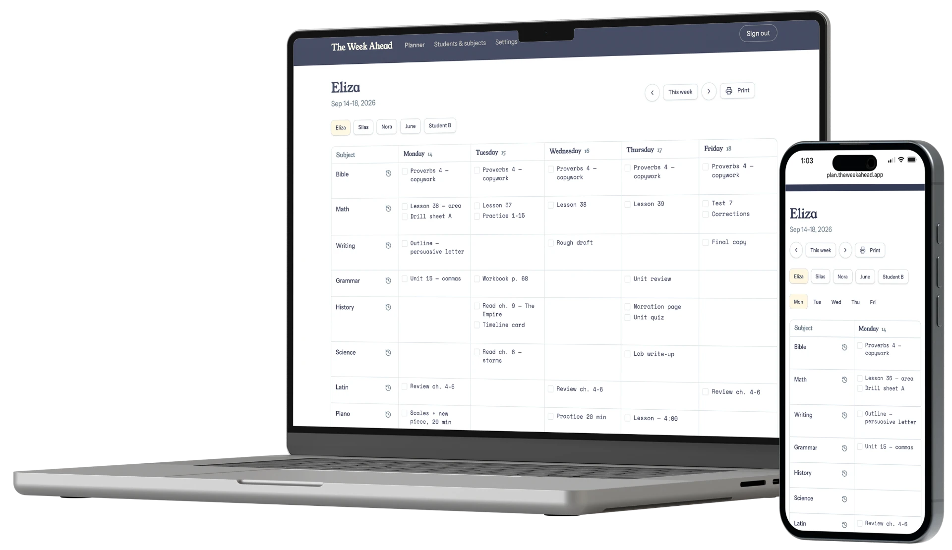 The Week Ahead planner on a laptop and phone